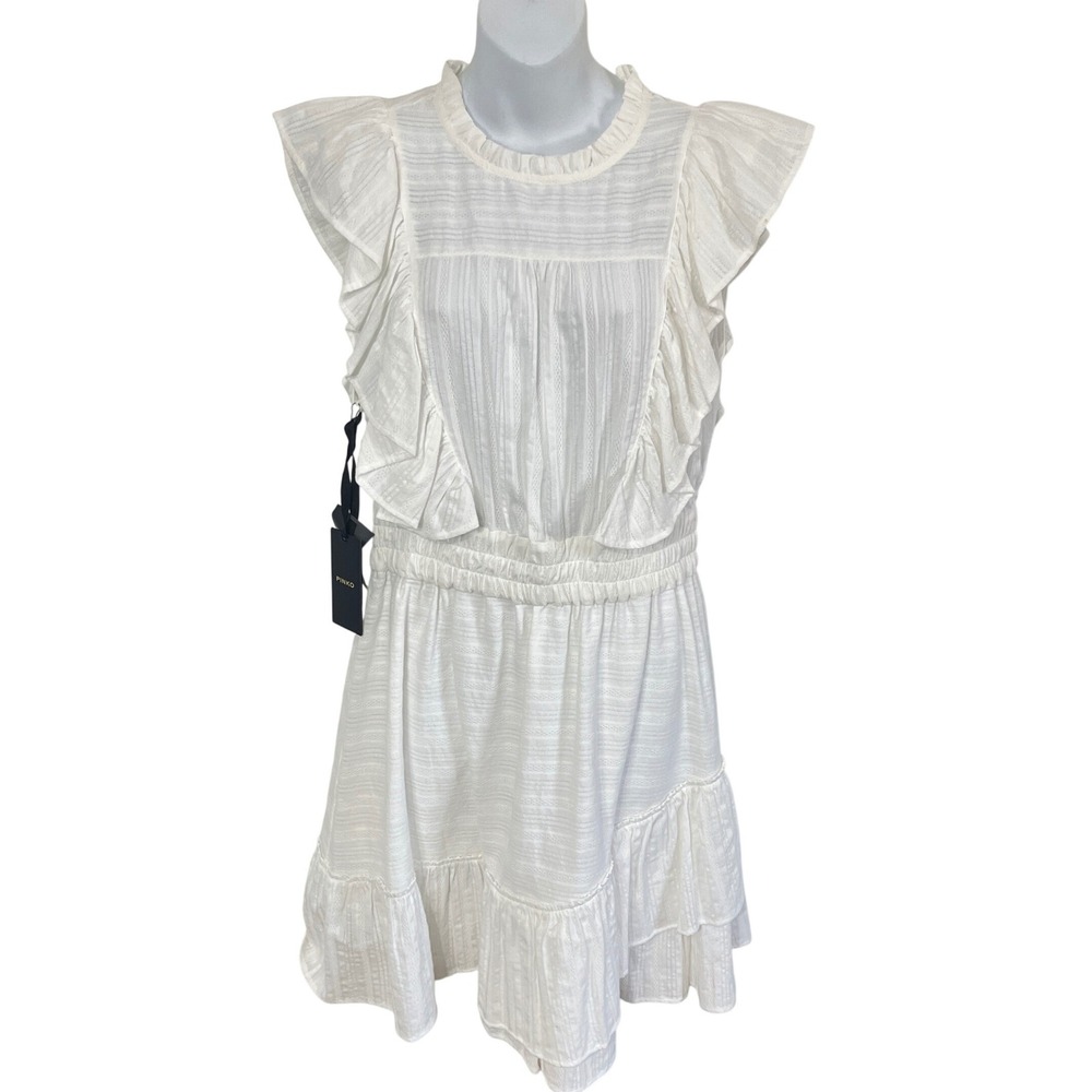 PINKO Riccione Abito Ruffled Cotton White Dress Women's Size 10 NEW